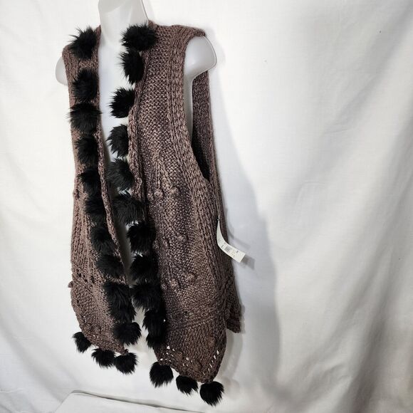 Notations Womens Sweater Cardigan Vest Size 1X Pom Poms Brown Knit Open Front - Picture 5 of 13